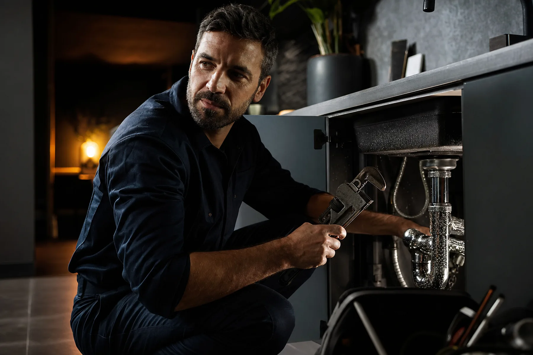 A Danielli Plumbing technician repairing pipes under a kitchen sink