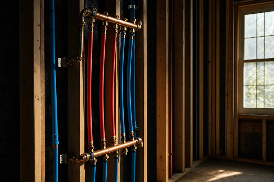 Neat runs of new PEX water lines and copper manifolds inside a wall cavity