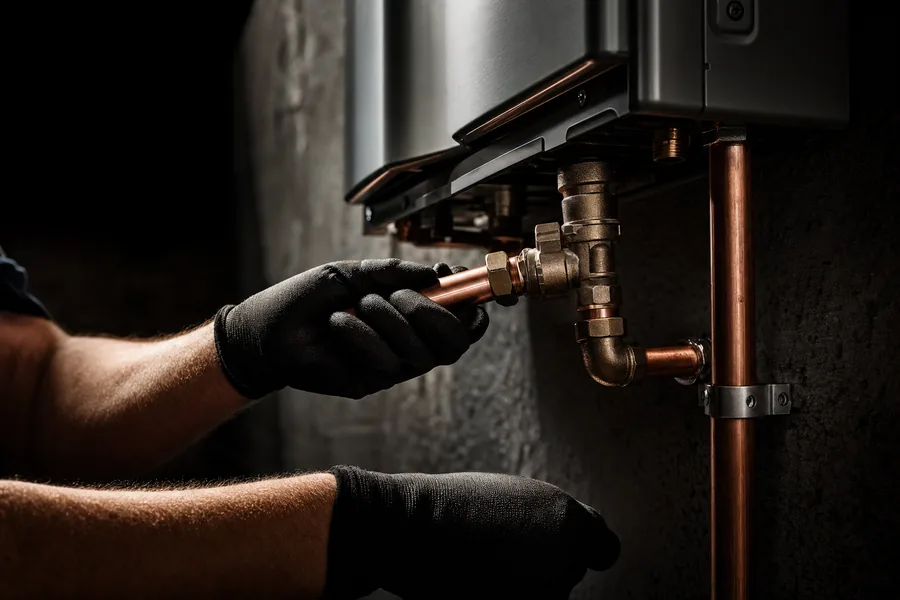 Copper fittings being connected to a new tankless water heater